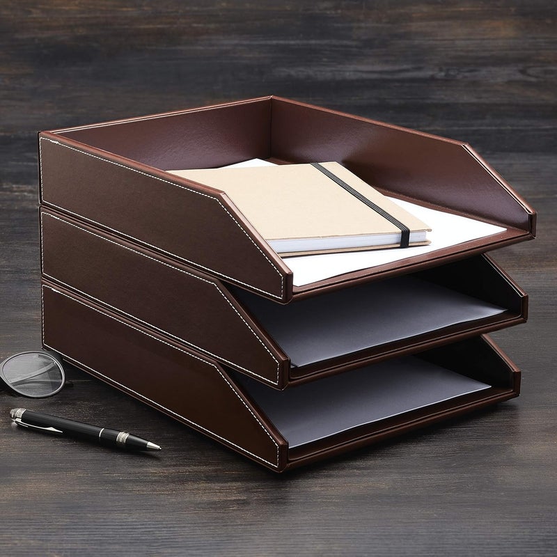 Vanquish Rectangular PU Leather A4 Paper Tray Perfect For Office Organization Premium File Document Tray - Desk Letter Organizer Holder (Brown) - Image 2
