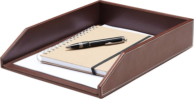 Vanquish Rectangular PU Leather A4 Paper Tray Perfect For Office Organization Premium File Document Tray - Desk Letter Organizer Holder (Brown) - Image 1