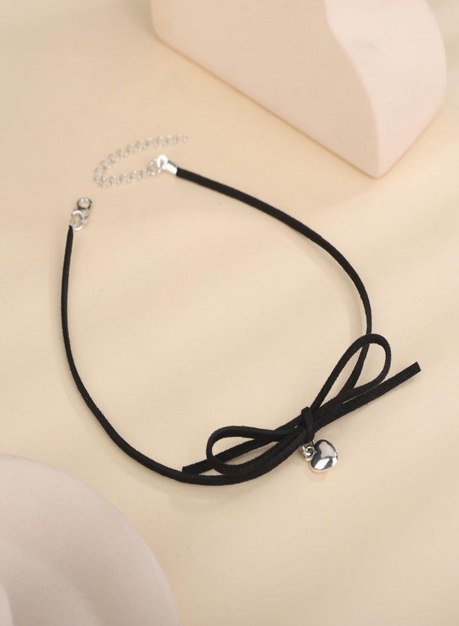 Beryuan Black and Red Velvet Bow Knotted Choker Collar Necklace with Silver Heart Beads and Ribbon Bow for Women - Image 5