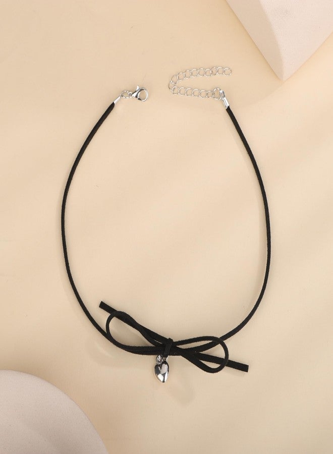 Beryuan Black and Red Velvet Bow Knotted Choker Collar Necklace with Silver Heart Beads and Ribbon Bow for Women - Image 4