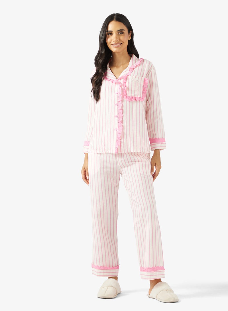 جينجر طقم قميص بيجامة بأزرار مخططة - Image 5