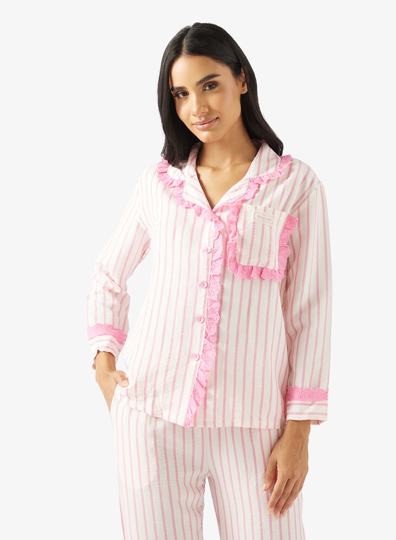 جينجر طقم قميص بيجامة بأزرار مخططة - Image 3