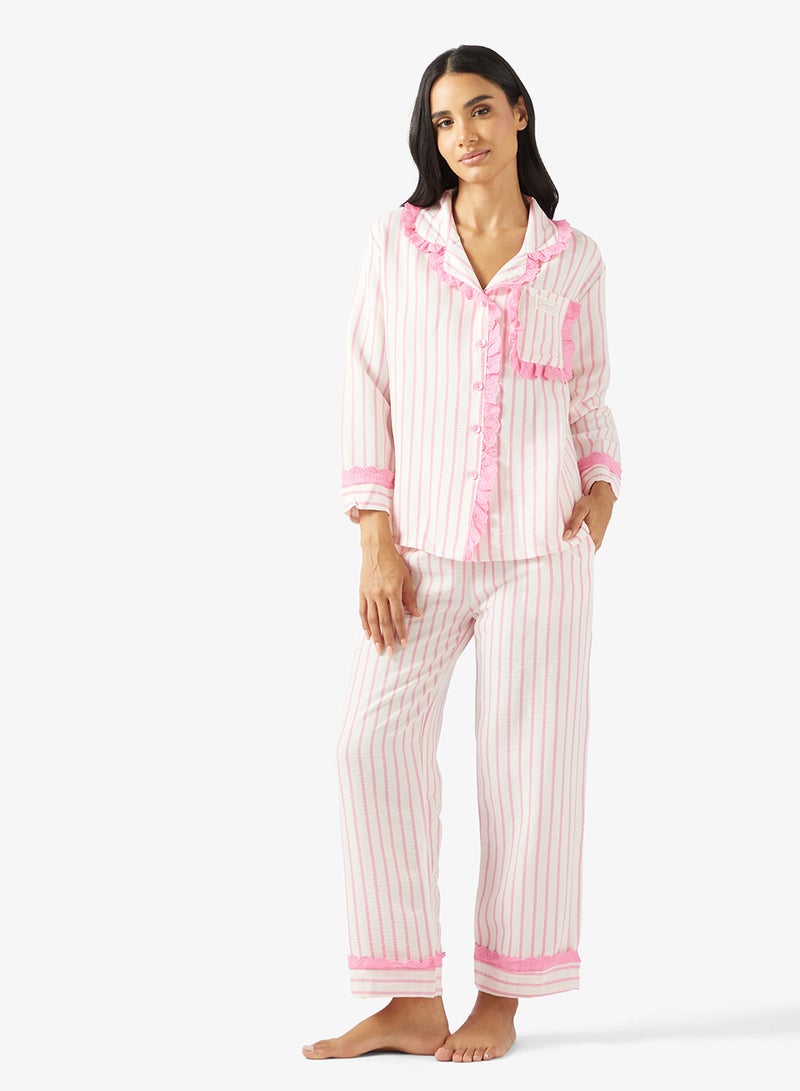 جينجر طقم قميص بيجامة بأزرار مخططة - Image 1