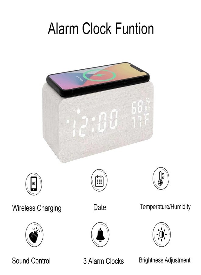 Lancoon Wooden LED Alarm Clock with Wireless Charging Temperature and Humidity Display Calendar Adjustable Brightness Sound Control for Bedroom Home Office (White) - Image 3