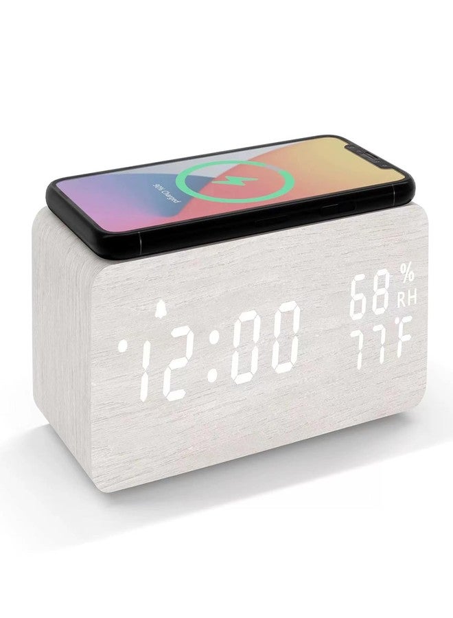 Lancoon Wooden LED Alarm Clock with Wireless Charging Temperature and Humidity Display Calendar Adjustable Brightness Sound Control for Bedroom Home Office (White) - Image 1