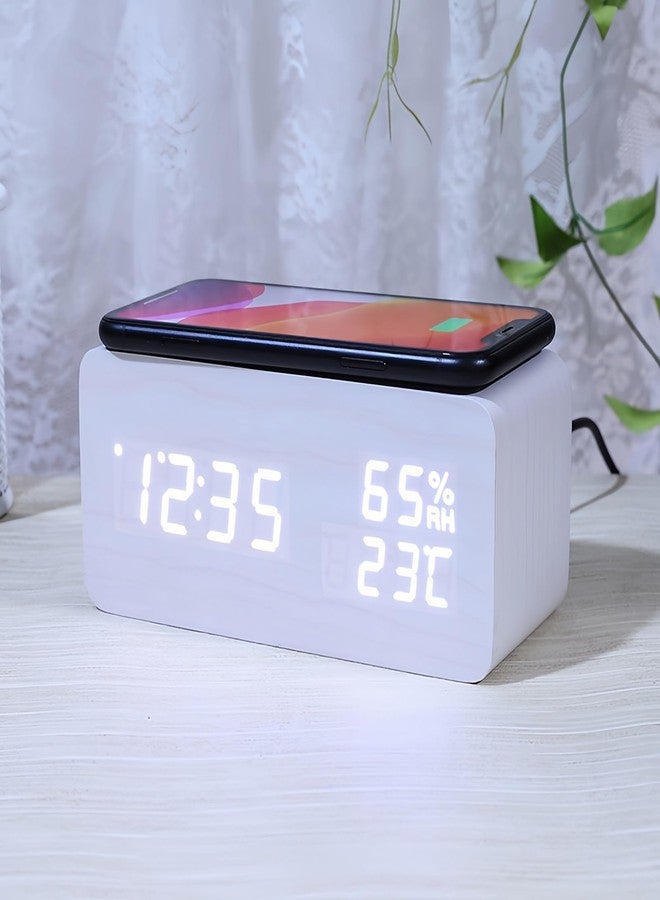 Lancoon Wooden LED Alarm Clock with Wireless Charging Temperature and Humidity Display Calendar Adjustable Brightness Sound Control for Bedroom Home Office (White) - Image 5