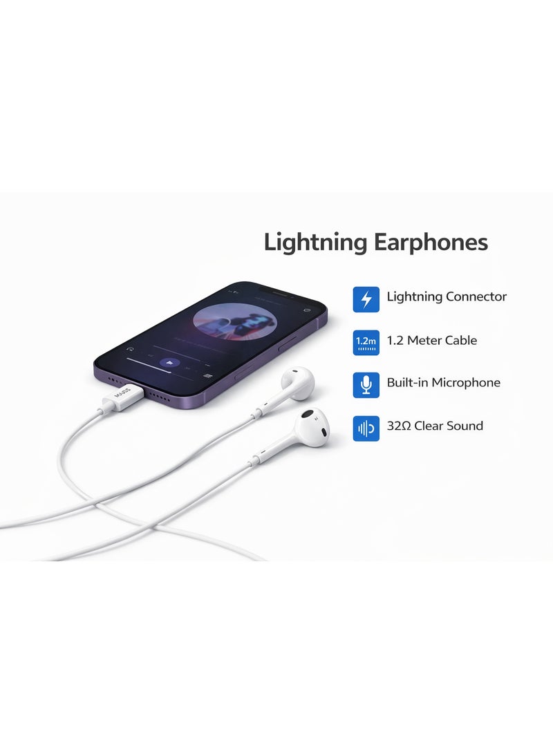 ماس سماعات أذن سلكية Mass MA-HF04 بموصل Lightning - صوت داخل الأذن ممتاز، ميكروفون مدمج، لون أبيض، ضمان محلي لمدة عام واحد - Image 3