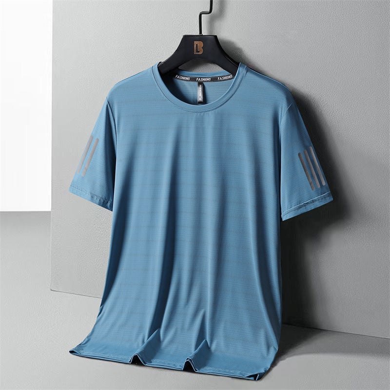 T-Shirt Men'S Summer Loose Plus Size Short Sleeve Ice Silk Three Bars Bottoming Shirt Round Neck Half Sleeve Thin Quick-Drying T-Shirt Fashion - Image 1