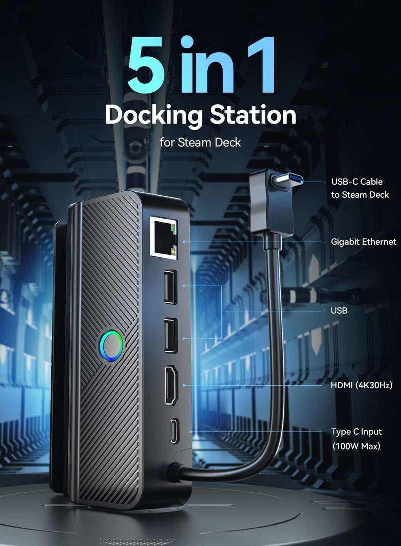 Y&D Docking Station for Steam Deck with LED Light, 5-in-1 Dock Gigabit Ethernet, HDMI 2.0 4K@60Hz, 2 USB-A 3.1, 100W Full Speed Charging Port, Accessories - Image 2