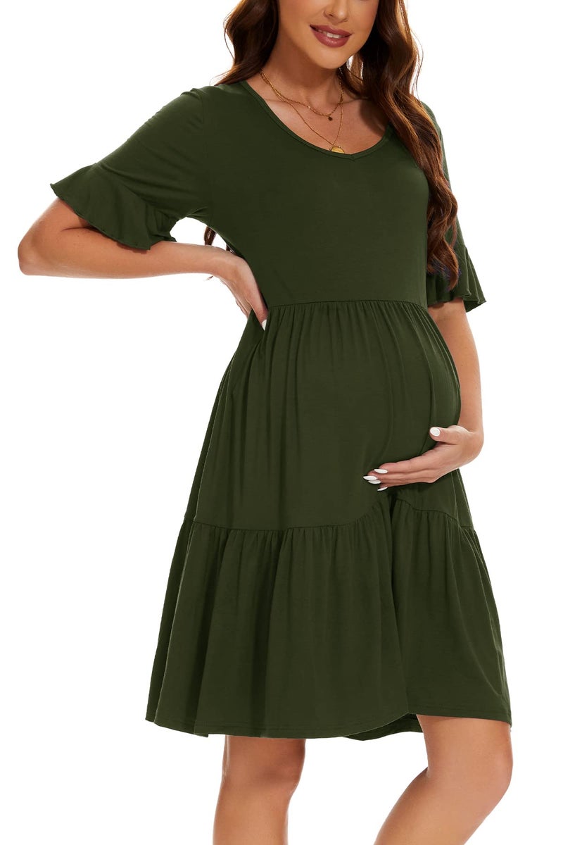Smallshow Women's Maternity Dress Ruffle Short Sleeve Pregnancy Clothes Summer Medium,Army Green - Image 1