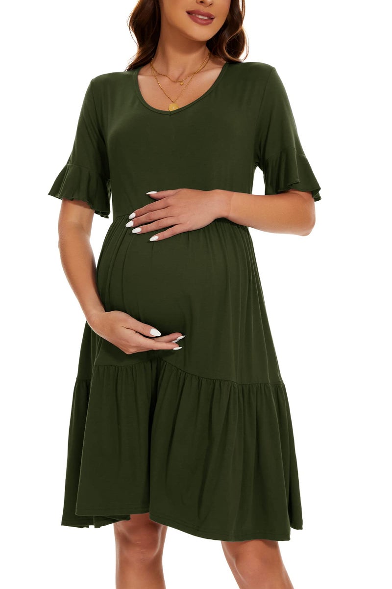 Smallshow Women's Maternity Dress Ruffle Short Sleeve Pregnancy Clothes Summer Medium,Army Green - Image 2