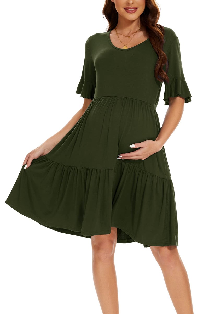 Smallshow Women's Maternity Dress Ruffle Short Sleeve Pregnancy Clothes Summer Medium,Army Green - Image 3