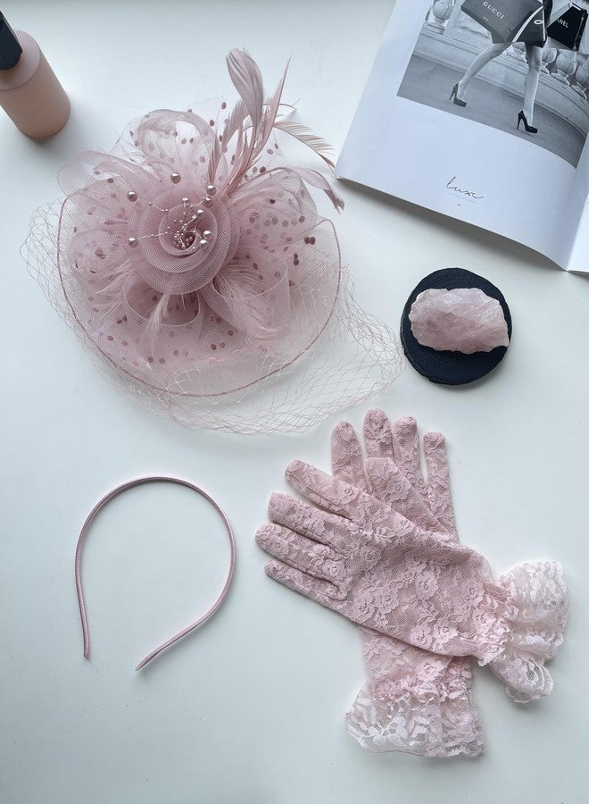 GurZinn 2 Pieces Fascinator Mesh Lace Headband Bridal Wedding Veil Tea Party and Short Lace Gloves(D-pink hat&glove) - Image 5