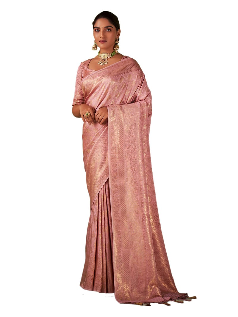 Vardha Women's Kanjivaram Art Silk Saree, Zari Woven, Gold, Unstitched Blouse - Pear, Orange Sari Asya Vol.5, 564 - Image 1
