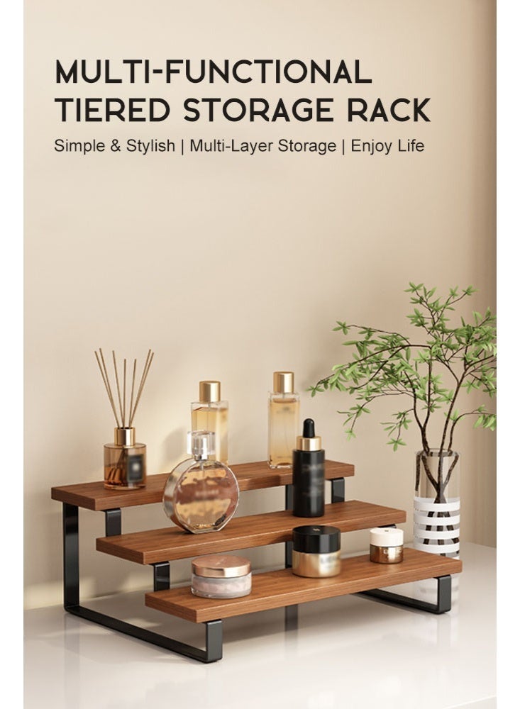 سولاكان رف تخزين خشبي متدرج بإطار حديدي، منظم متعدد الاستخدامات للتوابل والزجاجات ومستحضرات التجميل ولوازم المنزل - Image 2