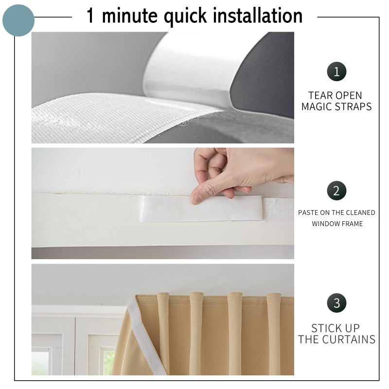 Jilron Jilron Magic Tape Stick on Curtains Blackout Curtains for Bedroom no Drillng Self Adhesive Curtain no Rod Small Window (Beige  59"" W x 59"" L) 2 Panels  - Image 2