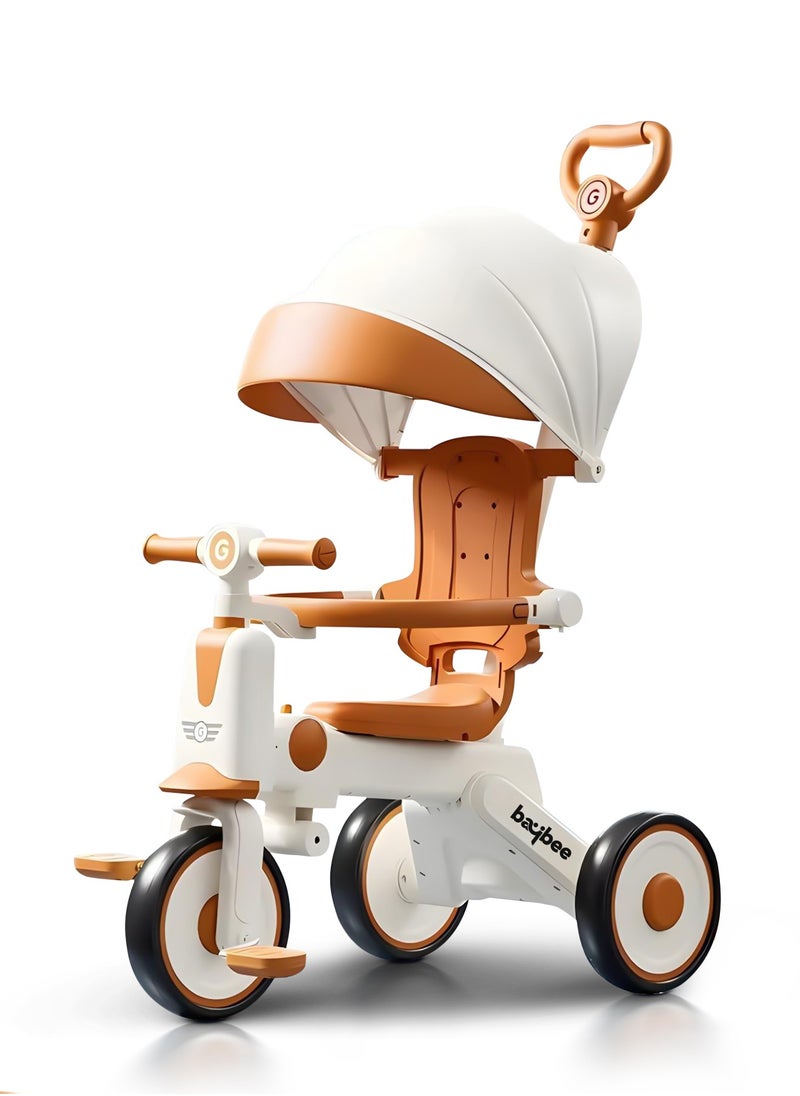 BAYBEE Pico 3 in 1 Convertible Baby Tricycle for Kids with Parental Push Handle and Canopy | Baby Cycle with Safety Guard, Light & Music | Kids Tricycle for Toddlers | Kids Cycle for Baby 1 to 5 Years Boy Girl White Brown  - Image 1
