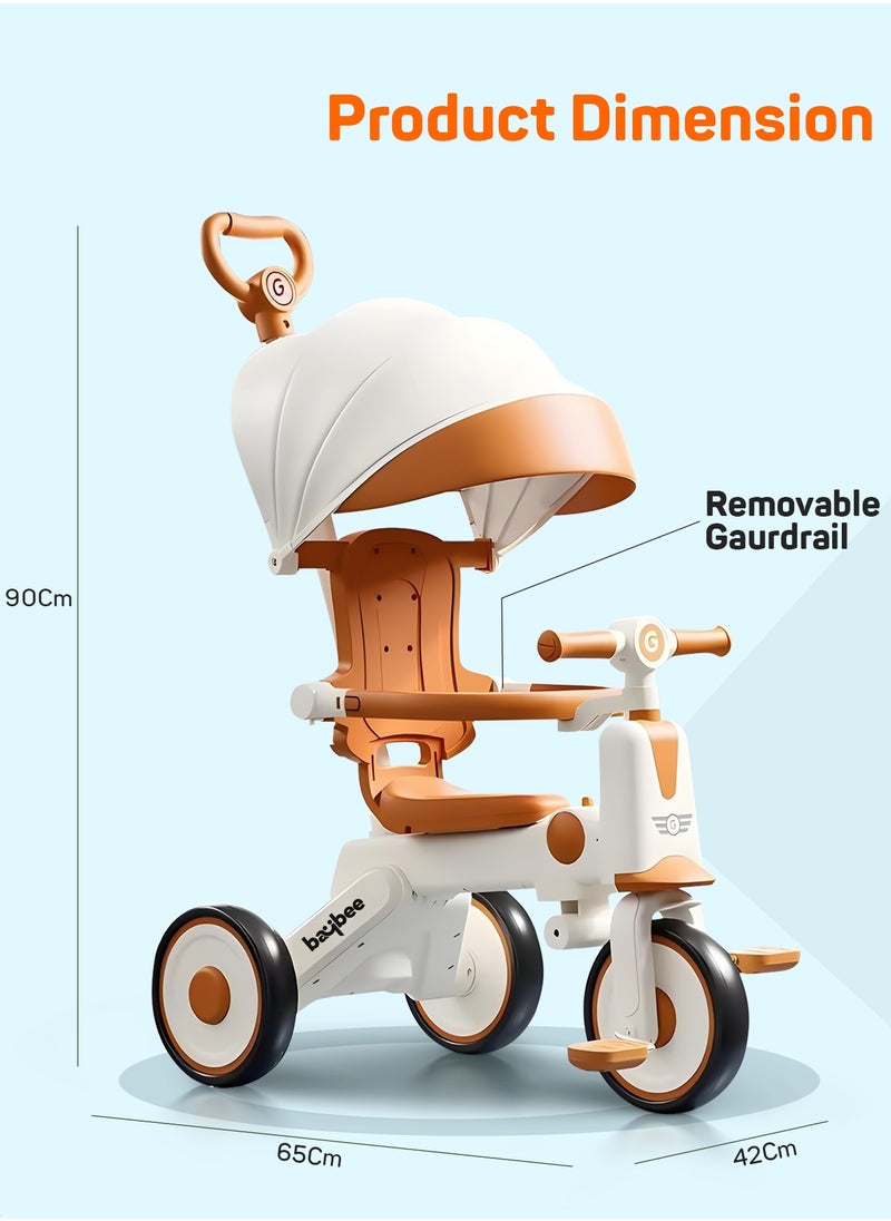 BAYBEE Pico 3 in 1 Convertible Baby Tricycle for Kids with Parental Push Handle and Canopy | Baby Cycle with Safety Guard, Light & Music | Kids Tricycle for Toddlers | Kids Cycle for Baby 1 to 5 Years Boy Girl White Brown  - Image 3