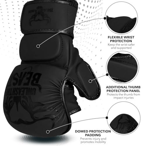 BEAST RAGE MMA Gloves for Men Women,Adjustable Wrist Support Open Palm Martial Arts Mitts Grappling Sparring for Muay Thai Cage Fighting Combat Taekwondo Kickboxing Boxing Training (Black, L/XL) - Image 2