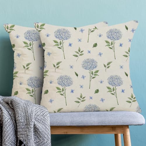 AEIOAE Spring Pillow Covers 18x18 Inch Set of 2 Blue Green Hydrangea Flower Leaves Throw Pillows CaseFloral Summer Outdoor Seasonal Decorative Farmhouse Decor Cushion Covers for Home Sofa Bed Couch - Image 3