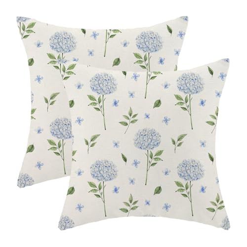 AEIOAE Spring Pillow Covers 18x18 Inch Set of 2 Blue Green Hydrangea Flower Leaves Throw Pillows CaseFloral Summer Outdoor Seasonal Decorative Farmhouse Decor Cushion Covers for Home Sofa Bed Couch - Image 1