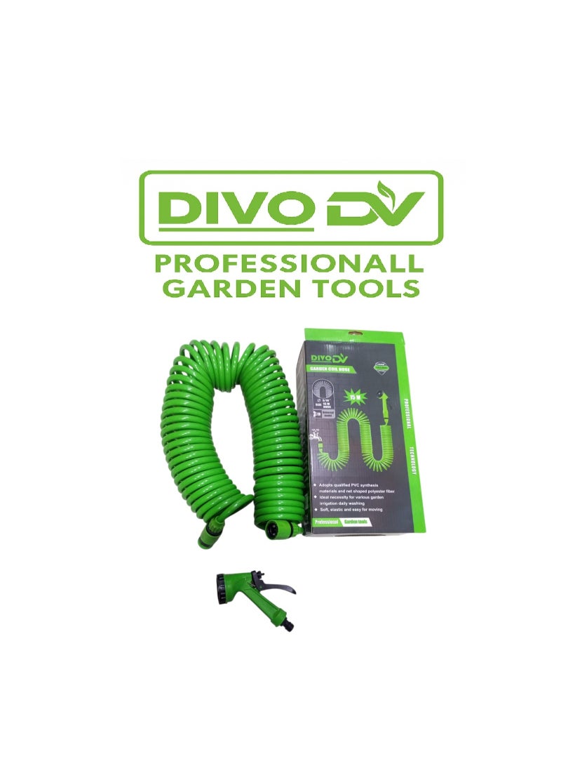 DIVO Garden Coil Hose 15M with Multi-Function Spray Gun – Model DVO714-94 - Image 1