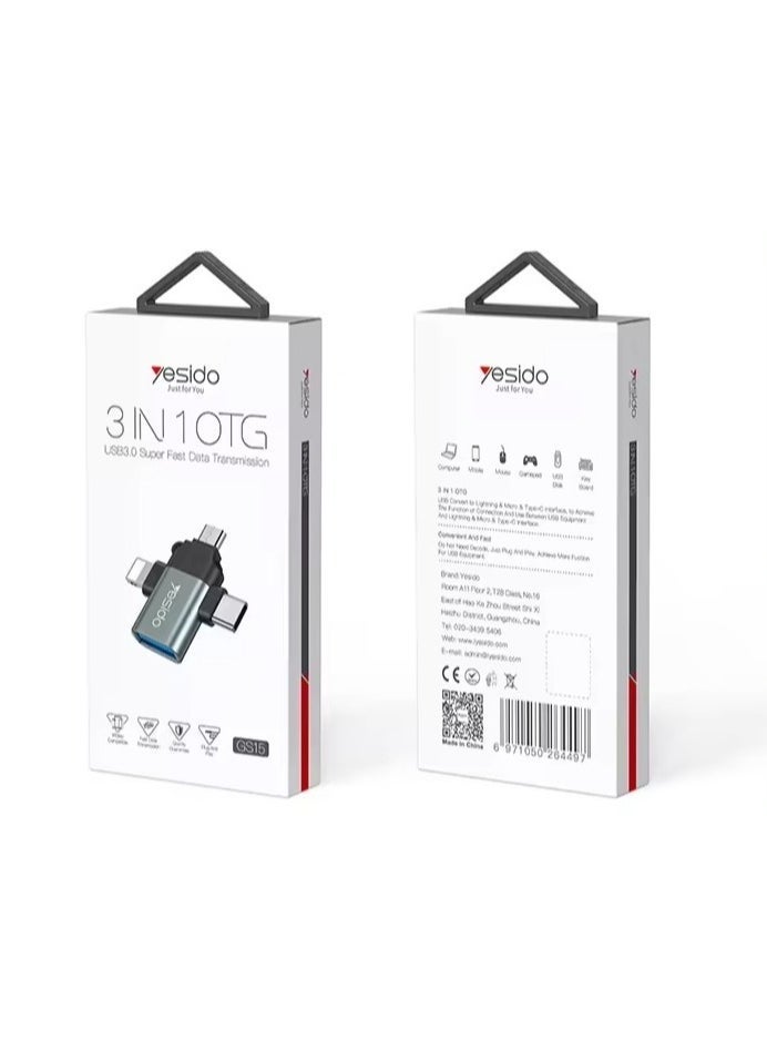 Yesido 3-in-1 USB-C to Micro 8-Pin OTG Adapter Mobile Phone to USB 3.0 for IP for Computer Use
