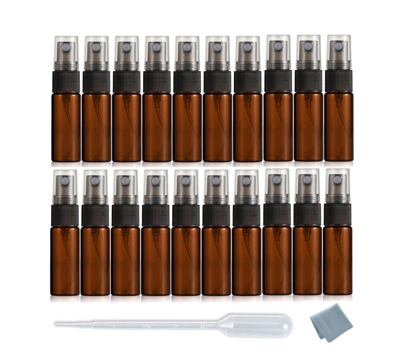 Elfenstall 20pcs Amber 5ml 16oz Atomizer Vial Glass Bottle Spray Refillable Perfume Empty Fine Mist Sample Bottle Clean Cloth Free 3ML Pipette for Travel Party - Image 3