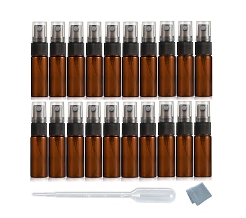 Elfenstall 20pcs Amber 5ml 16oz Atomizer Vial Glass Bottle Spray Refillable Perfume Empty Fine Mist Sample Bottle Clean Cloth Free 3ML Pipette for Travel Party - Image 1
