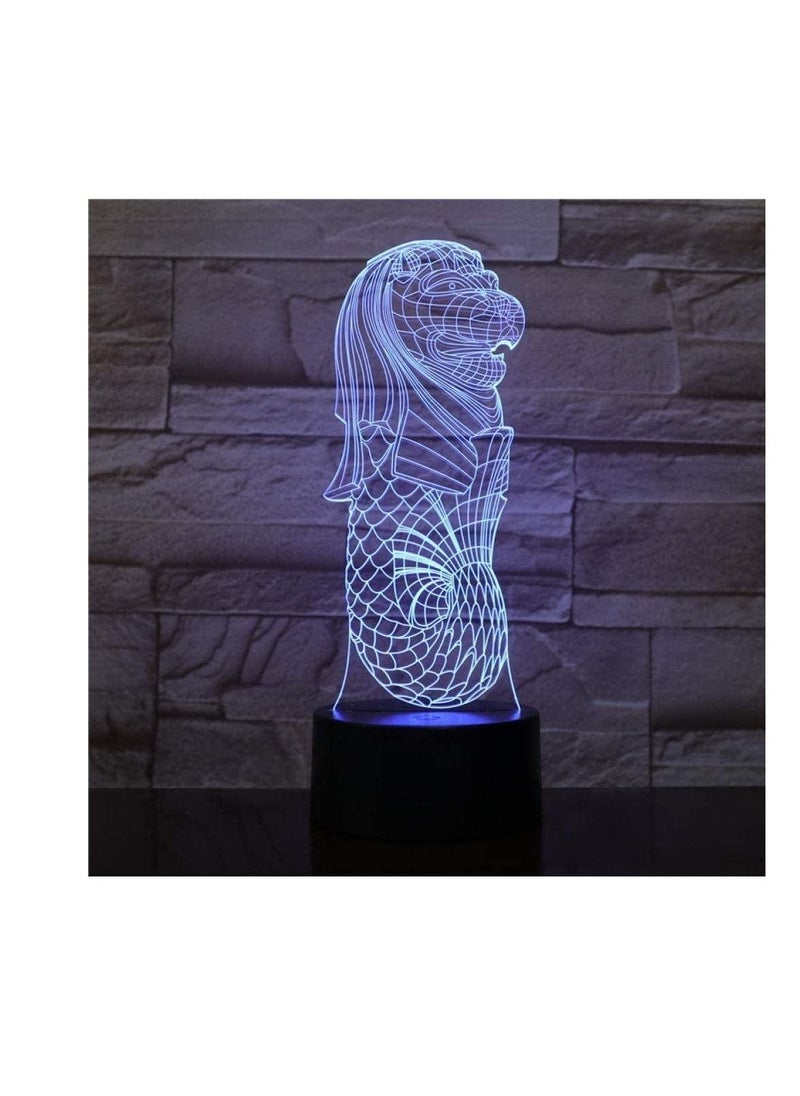 3D Illusion Lamp LED Night Light Singapore Merlion Multi-Color with Remote Control Battery Operated Office Visual Effect Desk Lamp Gifts for Kids