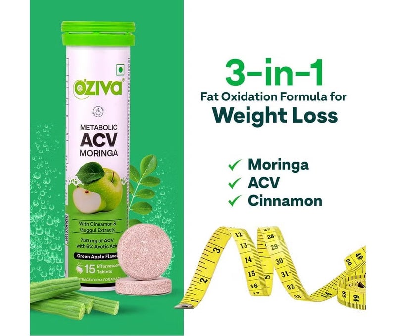 OZiva Acv Moringa|Control Cravings I Apple Cider Vinegar,Cinnamon,Guggul I No Maltodextrin & No Added Sugar I 15 Effervescent Tablets - Green Apple,Pack Of 4 (60 Tablets) - Image 2