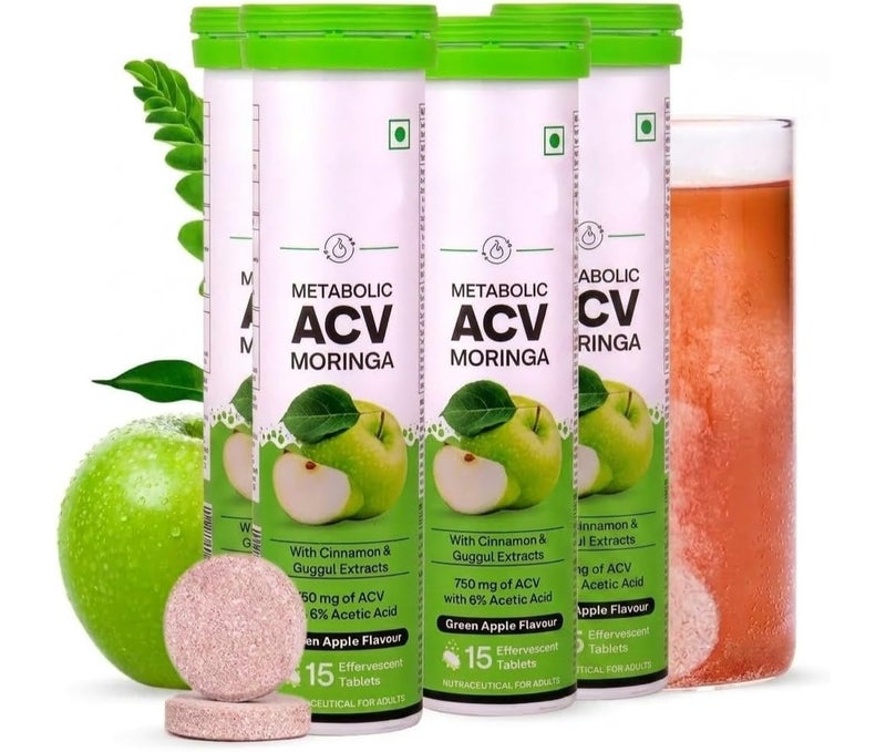 OZiva Acv Moringa|Control Cravings I Apple Cider Vinegar,Cinnamon,Guggul I No Maltodextrin & No Added Sugar I 15 Effervescent Tablets - Green Apple,Pack Of 4 (60 Tablets) - Image 1
