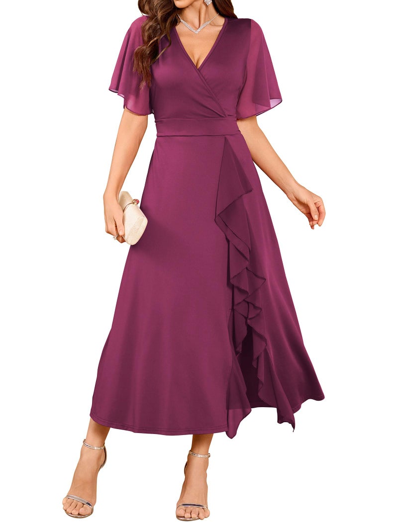 ZAFUL Plum Womens Semi Formal Wedding Guest Dresses Mother of Bride Dresses Split Ruffle V Neck Flared Sleeve Evening Dress 2026 L - Image 1