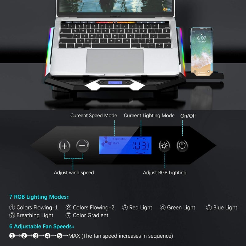 وسادة تبريد لابتوب C11 RGB مع ارتفاع قابل للتعديل و 6 مراوح هادئة - Image 5
