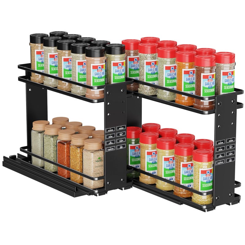 Nieifi Pull Out Spice Rack Organizer, 2 Tiers, Black, Spice Organization for Cabinet, Height Adjustable, Easy to Install - Image 1
