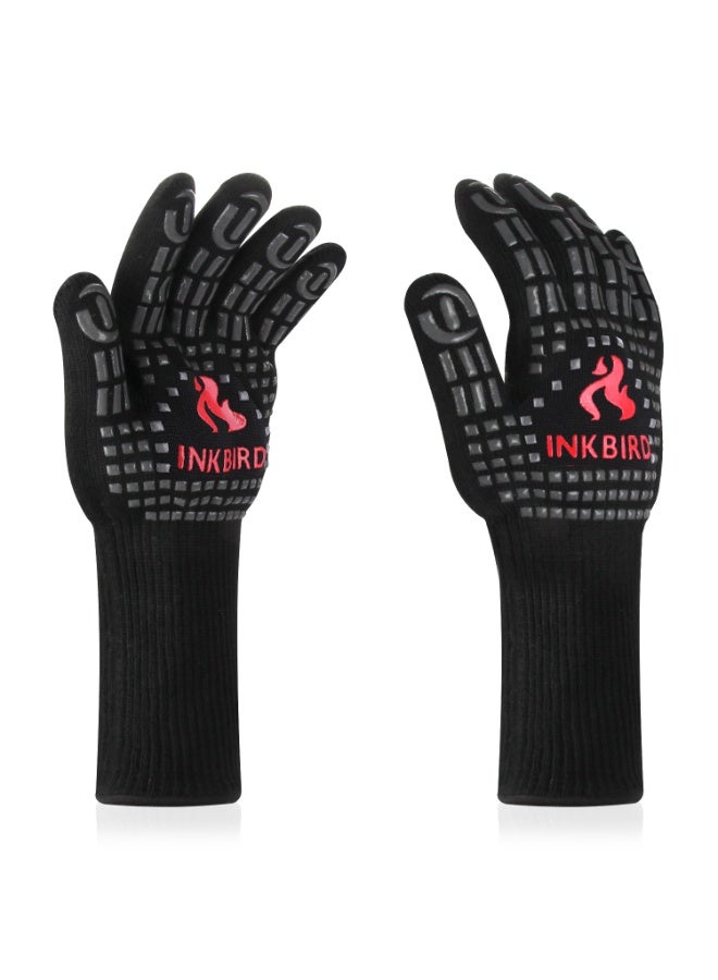 INKBIRD BBQ Gloves 800°C Extreme Heat Resistant Grill Gloves, Insulated Grilling Mitts for Kitchen Cooking, Baking, Smoking Use, Non-Slip Silicone, 14cm Long Arm Protection, Comfortable Cotton Lining - Image 1
