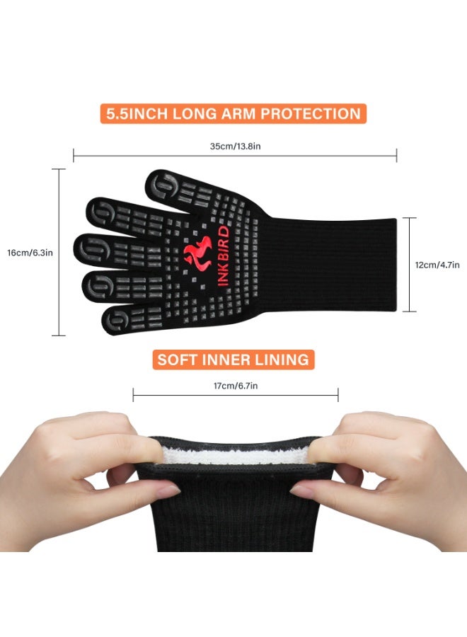 INKBIRD BBQ Gloves 800°C Extreme Heat Resistant Grill Gloves, Insulated Grilling Mitts for Kitchen Cooking, Baking, Smoking Use, Non-Slip Silicone, 14cm Long Arm Protection, Comfortable Cotton Lining - Image 2
