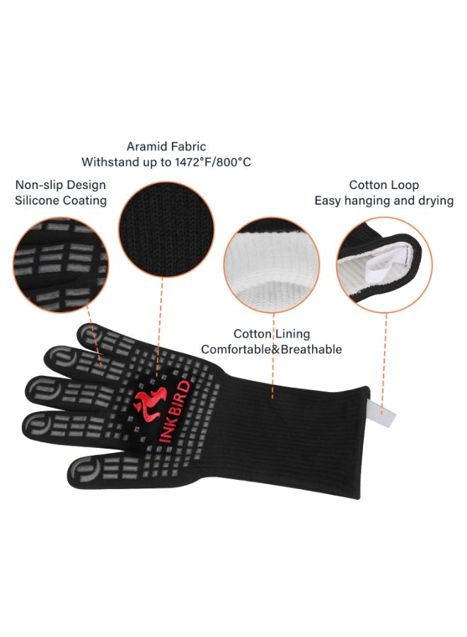 INKBIRD BBQ Gloves 800°C Extreme Heat Resistant Grill Gloves, Insulated Grilling Mitts for Kitchen Cooking, Baking, Smoking Use, Non-Slip Silicone, 14cm Long Arm Protection, Comfortable Cotton Lining - Image 3