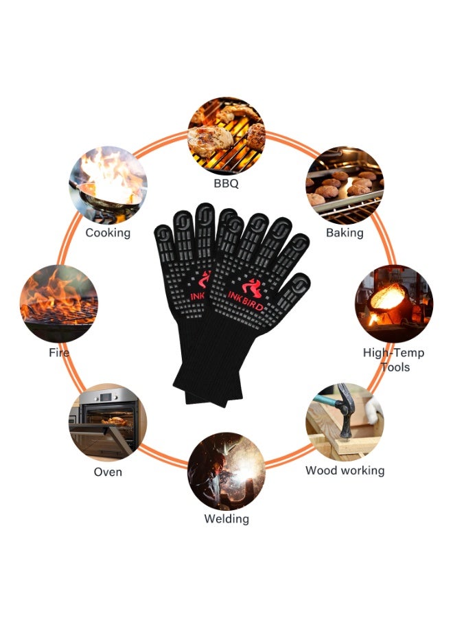 INKBIRD BBQ Gloves 800°C Extreme Heat Resistant Grill Gloves, Insulated Grilling Mitts for Kitchen Cooking, Baking, Smoking Use, Non-Slip Silicone, 14cm Long Arm Protection, Comfortable Cotton Lining - Image 4
