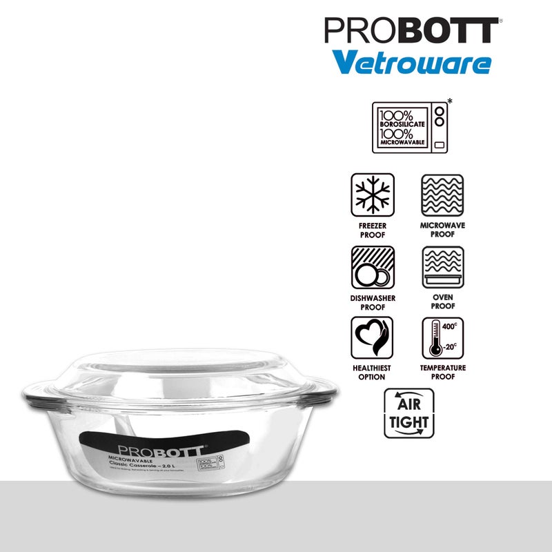 PROBOTT PROBOTT Vetroware Borosilicate Glass Casserole for Roti Chapati Rice, Curry Serve Deep Round Oven and Microwave Safe Serving Bowl with Glass Lid PV Classic Casserole_2Ltr  - Image 3