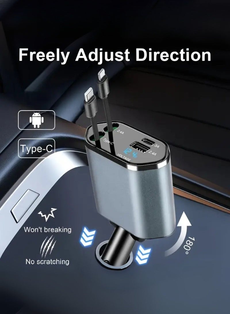 زدترون شاحن سيارة 4 في 1 قابل للسحب والطي مع منفذي USB، ومخرجات PD وType-C، وشاشة عرض الجهد ورأس دوار 180 درجة - شحن سريع لأجهزة iPhone وSamsung والأجهزة اللوحية والأجهزة المتعددة - Image 4