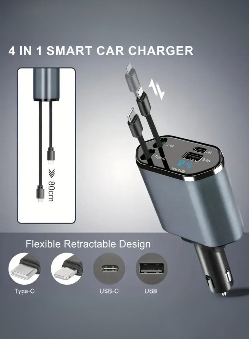 زدترون شاحن سيارة 4 في 1 قابل للسحب والطي مع منفذي USB، ومخرجات PD وType-C، وشاشة عرض الجهد ورأس دوار 180 درجة - شحن سريع لأجهزة iPhone وSamsung والأجهزة اللوحية والأجهزة المتعددة - Image 2