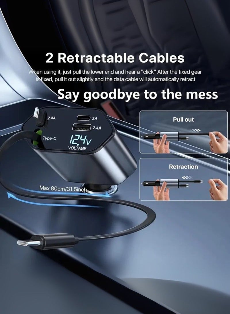 زدترون شاحن سيارة 4 في 1 قابل للسحب والطي مع منفذي USB، ومخرجات PD وType-C، وشاشة عرض الجهد ورأس دوار 180 درجة - شحن سريع لأجهزة iPhone وSamsung والأجهزة اللوحية والأجهزة المتعددة - Image 5