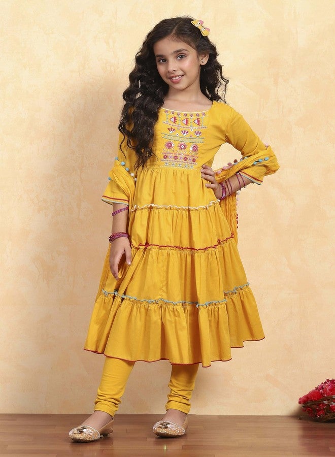 Biba Girl's Yellow Cotton Tiered Solid Suit Set - Image 5