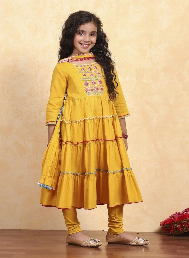 Biba Girl's Yellow Cotton Tiered Solid Suit Set - Image 4