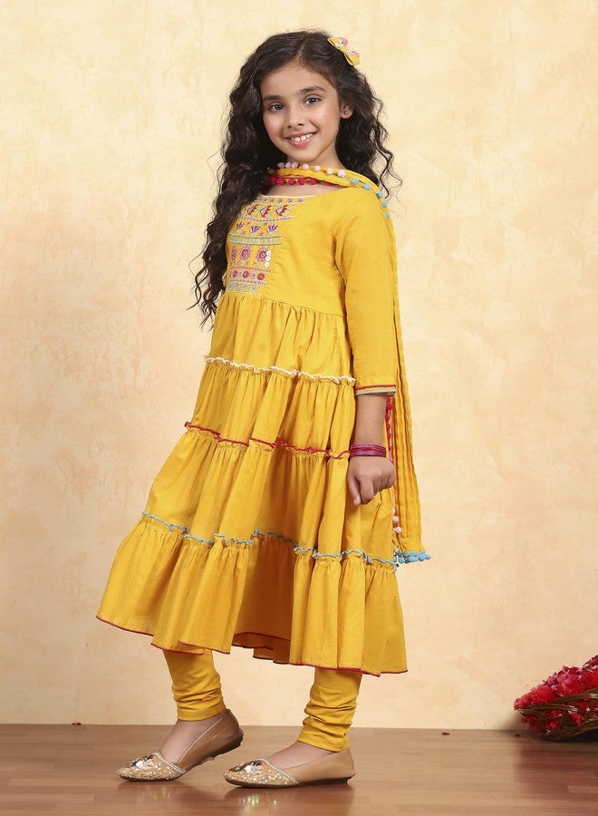 Biba Girl's Yellow Cotton Tiered Solid Suit Set - Image 3