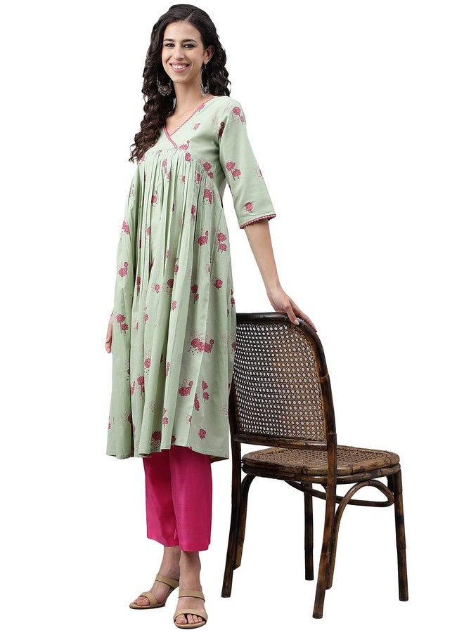 Janasya - Janasya Women's Light Green Cotton Floral Printed Flared Kurta(JNE4124-KR-A-L) - Image 1