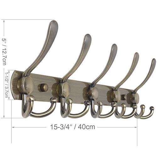 WEBI Coat Rack Wall Mount,Coat Hanger Wall,Coat Hooks Wall Mounted,Hook Rack Rail,5 Triple Hooks for Hanging Clothes,Hats,Jacket,Bronze,2 Packs - Image 2