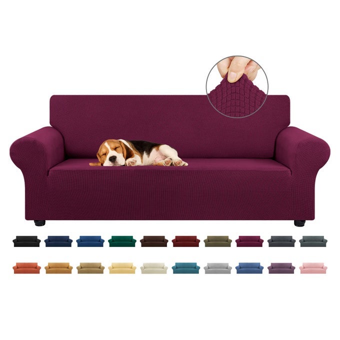STRETCH SOFA COVER SLIPCOVER COUCH COVERS FOR 3 CUSHION COUCH SOFA PET FRIENDLY 7894 FURNITURE PROTECTOR SOFA WITH ELASTIC BOTTOM FOR KIDSDOG JACQUARD SMALL CHECKEDLARGEWINE