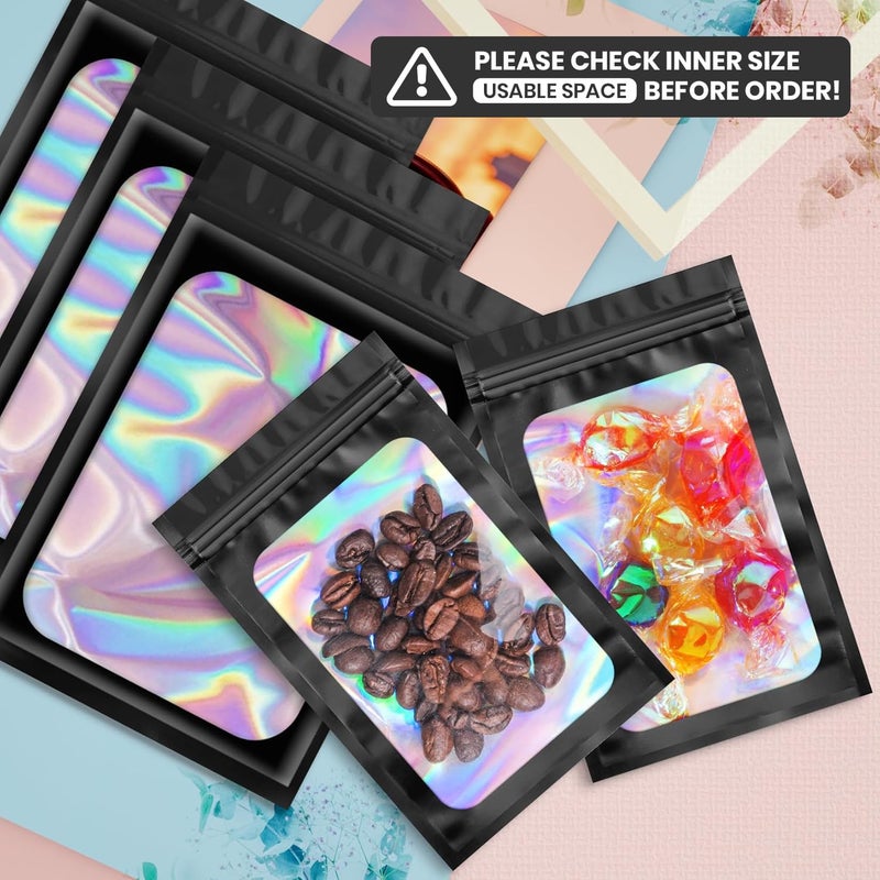 Funfery 100 pcs Black Mylar Holographic Resealable Bags,Clear Packaging Bag Odor Proof Foil Pouch Bag for Food Storage, Lipgloss, Jewelry, Eyelash Packaging for Small Business - 3x4.7 Inch - Image 3